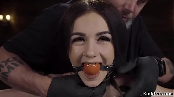 XXX Gagged brunette slave Rosalyn Sphinx in standing device bondage drooling over her small tits with clamped nipples then electro shocked and rubbed fresh Videos